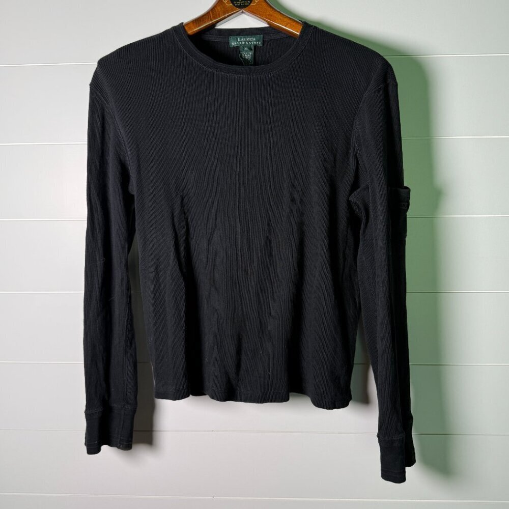 Lauren Ralph Lauren Black Rib 100% Cotton Long Sleeve Shirt w/ Should Pocket XL